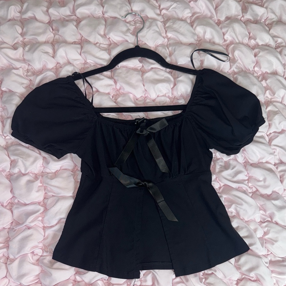 Black Puff Sleeve Top with Ribbon Detail